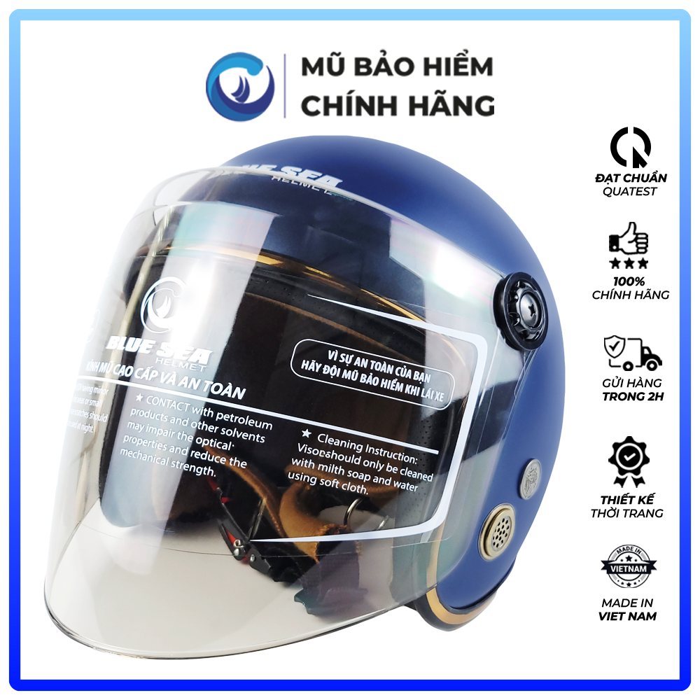 Mũ Bảo Hiểm 3/4 Đầu Có Kính Blue Sea A100K Màu Xanh Navy Mờ