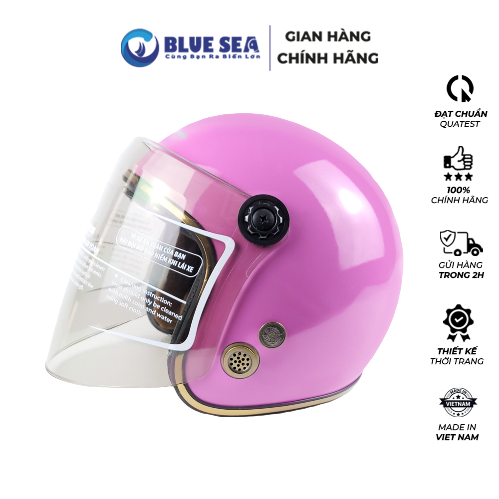 Mũ Bảo Hiểm 3/4 Đầu Có Kính Blue Sea A100K Màu Hồng Phấn Bóng