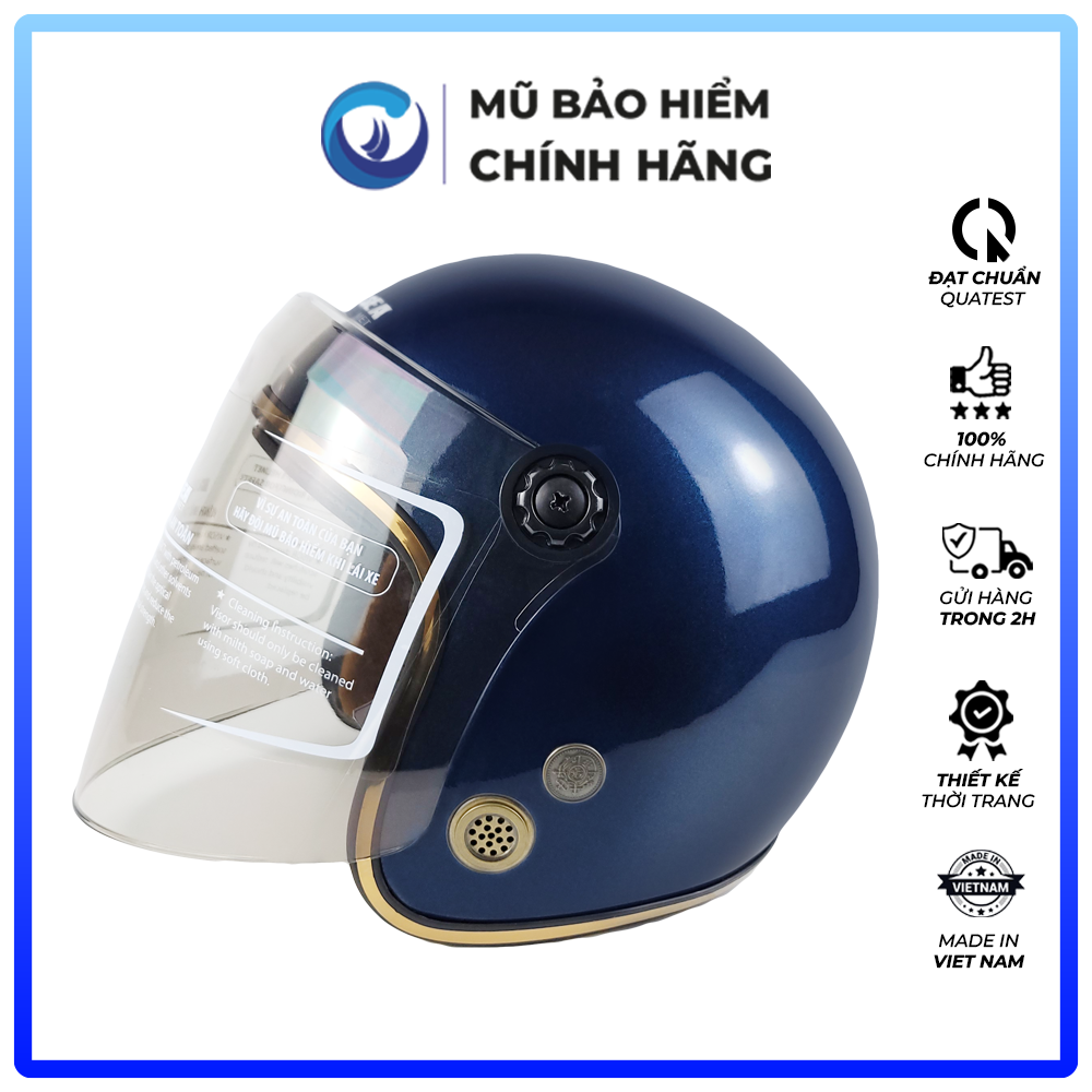 Mũ Bảo Hiểm 3/4 Đầu Có Kính Blue Sea  A100K Màu Xanh Navy Bóng