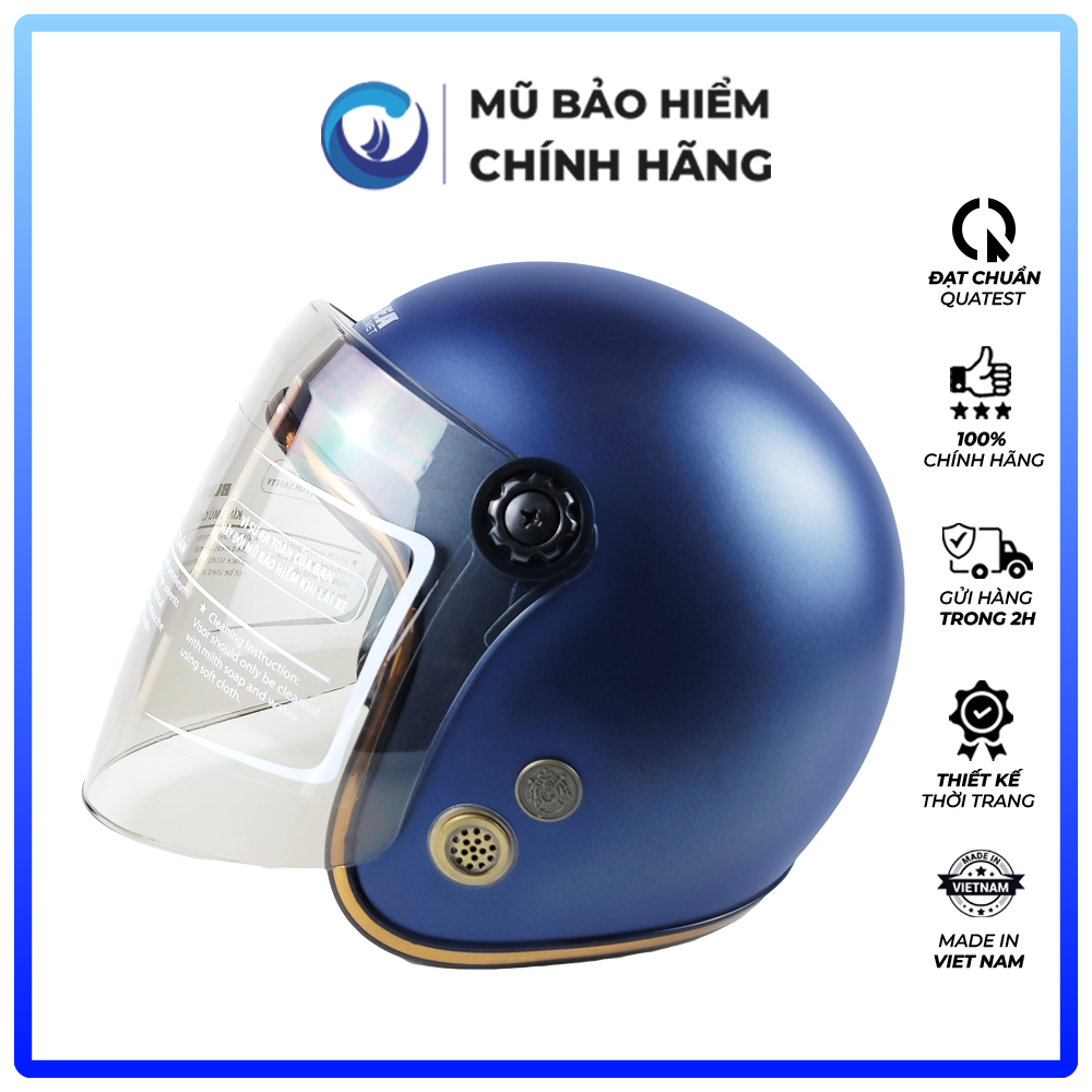 Mũ Bảo Hiểm 3/4 Đầu Có Kính Blue Sea A100K Màu Xanh Navy Mờ