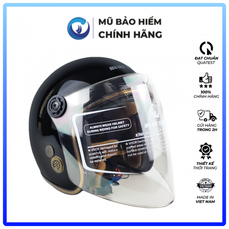 Mũ Bảo Hiểm 3/4 Đầu Có Kính Blue Sea A100K Màu Đen Bóng