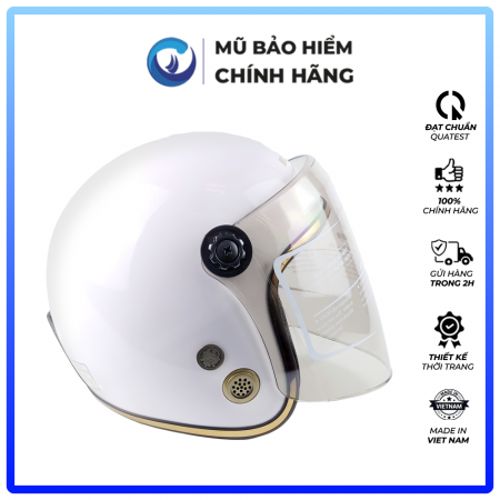 Mũ Bảo Hiểm 3/4 Đầu Có Kính Blue Sea  A100K Màu Trắng Sữa Bóng